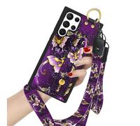 LSL Compatible with Samsung Galaxy S24 Ultra Purple Butterfly Case with Wrist Strap Kickstand for Women Girls, Tire-Texture TPU Anti-Slide Anti-Shock Protective Case with Lanyard