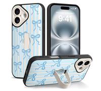 LSL for iPhone 16 Case with Finger Strap Kickstand, Cute Aesthetic Striped Ribbon Bow Knot Design Phone Case for Women Girls, Full Camera Protection Shockproof Protective Cover,Blue