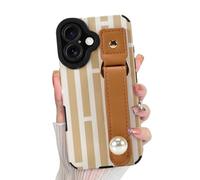 LSL for iPhone 16 Case with Wrist Strap Kickstand, Cute Stripes Vertical Lines Pattern, Camera Protection Slim Soft TPU Shockproof Anti-Scratch Protective Case for Women Girls, Yellow