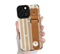LSL for iPhone 16 Pro Case with Wrist Strap Kickstand, Cute Stripes Vertical Lines Pattern, Camera Protection Slim Soft TPU Shockproof Anti-Scratch Protective Case for Women Girls, Yellow