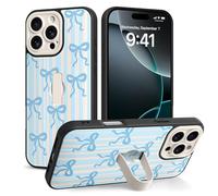 LSL for iPhone 16 Pro Max Case with Finger Strap Kickstand, Cute Aesthetic Striped Ribbon Bow Knot Design Phone Case for Women Girls, Full Camera Protection Shockproof Protective Cover,Blue