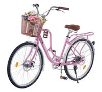 LSLIFE 24/26 Inch Vintage Ladies Bike with Basket Lightweight City Bicycle | 7 Speed; Basket; Cupholder; Adjustable Handlebar & Seat; Disc Brake; Rear Rack