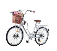 LSLIFE 24 Inch Vintage Ladies Bike with Basket 7 Speed, Lightweight City Bicycle Retro Bicycle Rear Rack Adjustable Handlebar and Seat Disc Brake White Urban Bike for Women Girls (24 Inch)