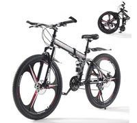LSLIFE Folding Mountain Bike, 26 27.5 Inch Folding Bike for Adult 21-Speed Folding Bicycle for Men Women Dual Disc Brakes 3 Spoke Wheels Shock Absorber (Black & Red, 26 Inch)