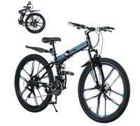 LSLIFE Folding Mountain Bike, 27.5 Inch Folding Bike for Adult 21-Speed Folding Bicycle for Men Women Dual Disc Brakes 3/10 Blade Wheels Bike with Shock Absorber (10 Blade Wheel Style, Black & Blue)