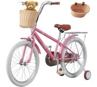 LSLIFE Girls Kids Bike 16" Inch Pink Children Bicycle With Wicker Basket 4-7 Ages With Stabilizers Double Brake Adjustable Seat storage rack Birthday Christmas Bike Gifts(16 INCH)
