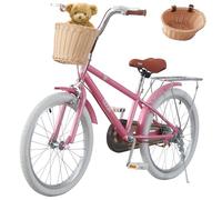 LSLIFE Girls Kids Bike 20" Inch Pink Children Bicycle With Wicker Basket 8-12 Ages With Stabilizers Double Brake Adjustable Seat storage rack Birthday Christmas Bike Gifts (20 INCH)