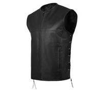 LSM BRAND Men's 'Drifter' Genuine Black Leather Collarless Motorcycle Vest with Side Pockets - Slim Fit, Tactical Heavy-Duty Design for Vintage Biker Riding (UK, Alpha, L, Regular, Regular)