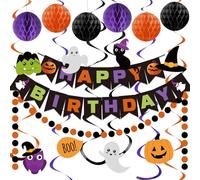 Lsoar Halloween Birthday Decorations - Happy Birthday Banner with Honeycomb Ball,Hanging Swirl Streamer, Circle Dot Garland Decorations for Halloween theme Party
