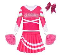Lspoer Cheerleader Outfit Girls Dresses with Poms Poms Cheerleader Costume for Girls Party Dress up Fancy Pink Dress for 5-6 Years