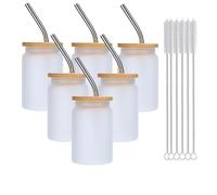 Lsqoop Mini Drinking Glasses 6pcs Set - 3.5oz Small Shot Can Glass with Straw Brushes and Bamboo Lids Cute Mini Coffee Glass Funny Gifts Idea for Cocktail, Whiskey,Kids Drinks (Frosted)