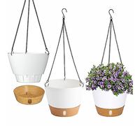 LSRVNM 3 Pack Hanging Plant Pot, Self Watering Planter with Removable Visible Water Tray Drainage Holes Chain Hooks, Hanging Flower Pot for Indoor Outdoor Garden (White)