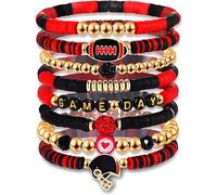 Lssfadccx 8 Pack Game Day Bracelets for Women, Football Bracelets Red Black Blue Heishi Clay Beaded Stretch Bracelets Stackable Charm Bracelet Bangles, nomal, heishui clay, Cubic Zirconia