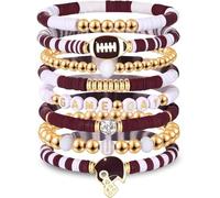 Lssfadccx 8 Pack Game Day Bracelets for Women, Football Bracelets Red Black Blue Heishi Clay Beaded Stretch Bracelets Stackable Charm Bracelet Bangles, nomal, heishui clay, Cubic Zirconia