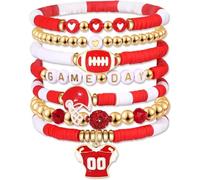 Lssfadccx 8 Pack Game Day Bracelets for Women, Football Bracelets Red Black Blue Heishi Clay Beaded Stretch Bracelets Stackable Charm Bracelet Bangles, nomal, Clay, Alloy, Cubic Zirconia