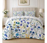 LSSLK Coverless Duvet Double, Blue Floral Reversible Duvet 200x200 cm, Soft Microfiber Summer Quilt, Lightweight All Season Comforter, Machine Washable Bedding with 2 Pillowcases, Green Leaves