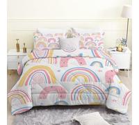 LSSLK Double Duvet, Pink Rainbow Reversible Coverless Duvet Double, Soft Warm All Seasons Comforter Machine Washable Microfiber Quilt with 2 Pillowcases, 200x200 cm, Cute Girl