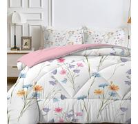 LSSLK Double Duvet, White Reversible Coverless Duvet Double, Soft Warm All Seasons Comforter Machine Washable Microfiber Quilt with 2 Pillowcases, 200x200 cm, Floral Pattern