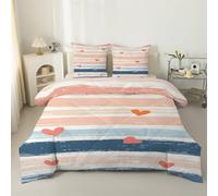 LSSLK Heart King Size Duvet, Stripes Reversible Coverless Duvet King Size, Soft All Seasons Comforter, Machine Washable Microfiber Quilt with 2 Pillowcases, 220x230 cm #A32