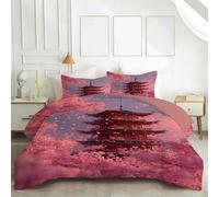 LSSLK Japanese Pagoda Single Duvet - Reversible Coverless Duvet 7.5 Tog - Cherry Blossom Single Quilt for All Season - Lightweight Washable Comforter with 2 Pillowcases - Machine Washable #W63