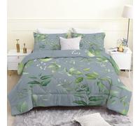 LSSLK King Size Duvet, Green Leaves Reversible Coverless Duvet King Size, Soft All Seasons Comforter Machine Washable Microfiber Quilt with 2 Pillowcases, 220x230 cm, Grey