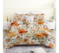 LSSLK King Size Duvet, Orange Florals Reversible Coverless Duvet King Size, Soft All Seasons Comforter Machine Washable Microfiber Quilt with 2 Pillowcases, 220x230 cm, White