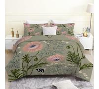 LSSLK King Size Duvet, Pink Florals Reversible Coverless Duvet King Size, Soft All Seasons Comforter Machine Washable Microfiber Quilt with 2 Pillowcases, 220x230 cm, Green Plants