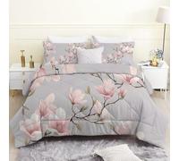 LSSLK King Size Duvet, Pink Magnolia Reversible Coverless Duvet King Size, Soft All Seasons Comforter Machine Washable Microfiber Quilt with 2 Pillowcases, 220x230 cm, Grey