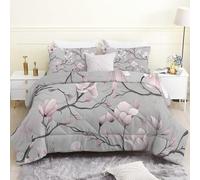 LSSLK King Size Duvet, Pink Magnolia Reversible Coverless Duvet King Size, Soft All Seasons Comforter Machine Washable Microfiber Quilt with 2 Pillowcases, 220x230 cm, Grey