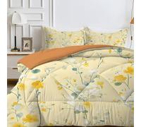 LSSLK King Size Duvet, Yellow Reversible Coverless Duvet King Size, Soft All Seasons Comforter Machine Washable Microfiber Quilt with 2 Pillowcases, 220x230 cm, Floral Pattern