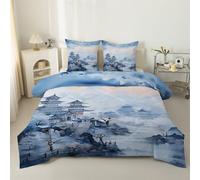 LSSLK Pagoda & Landscape Single Duvet - Reversible Coverless Duvet 7.5 Tog - Asian Single Quilt for All Season - Lightweight Washable Comforter with 2 Pillowcases - Machine Washable #A181