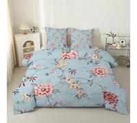 LSSLK Pink Blooming Flowers Single Duvet, Floral Branches Reversible Coverless Duvet Single, Soft Warm All Seasons Comforter, Machine Washable Microfiber Quilt with 2 Pillowcases, 135x200 cm #A297