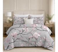 LSSLK Super King Duvet, Pink Magnolia Reversible Coverless Duvet SuperKing Size, Soft All Seasons Comforter Machine Washable Microfiber Quilt with 2 Pillowcases, 220x260 cm, Grey
