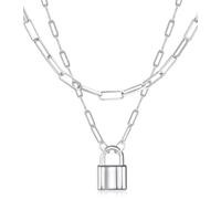 LSTKLY Padlock Necklace Punk Pendant Lock Necklaces Charm Silver Double Layer Cuban Link Chain Gothic Long Chain Eboy Egirl Padlock Pendant Necklace Choker for Men Women Metal Padlock Chains