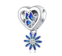 LSxAB Heart Blue Butterfly and Daisy Charm Compatible with Pandora Charms Bracelets