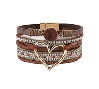 LSxAB Heart Brown Multilayer Leather Wrap Bracelets for Women Handmade Braided Stackable Boho Bracelet Sparkles Wristband