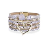 LSxAB Heart Grey Multilayer Leather Wrap Bracelets for Women Handmade Braided Stackable Boho Bracelet Sparkles Wristband
