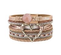 LSxAB Heart Khaki Multilayer Leather Wrap Bracelets for Women Handmade Braided Stackable Boho Bracelet Sparkles Wristband