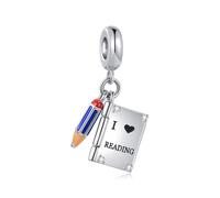 LSxAB I Love Reading Book Blue Pencil Charm Knowledge is Power Bead Compatible with Pandora Charms Bracelets