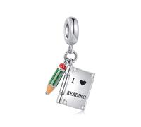 LSxAB I Love Reading Book Green Pencil Charm Knowledge is Power Bead Compatible with Pandora Charms Bracelets