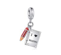 LSxAB I Love Reading Book Red Pencil Charm Knowledge is Power Bead Compatible with Pandora Charms Bracelets