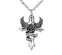 LSxAB Memorial Cremation Urn Necklace for Ashes Uncle Angel Wing Cross Family Keepsake Pendant That Hold Ashes