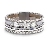 LSxAB Multi-Layer Starfish Grey Leather Wrap Bracelet for Women Girls Stackable Wristband Braided Bangle Bracelets Handmade Jewellery