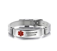 LSxAB Red Medical Alert Addison Disease Identification Bracelet for Women Mens First Aid Seniors Health Alarm Laser Engraved Adjustable PVC Band Wristband Bracelets