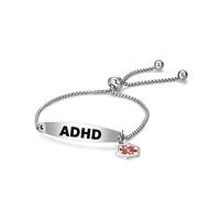 LSxAB Red Medical Alert ADHD Bracelet for Women Men Emergency First Aid Engraved Adjustable Stainless Steel Chain Bracelets