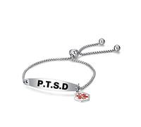 LSxAB Red Medical Alert P.T.S.D Bracelet for Women Men Emergency First Aid Engraved Adjustable Stainless Steel Chain Bracelets