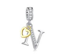 LSxAB Sparkling N Letter Charm for Pandora Charms Bracelets Gold Heart Silver Alphabet Initial Dangle Bead Jewellery Gift for Women