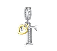 LSxAB Sparkling T Letter Charm for Pandora Charms Bracelets Gold Heart Silver Alphabet Initial Dangle Bead Jewellery Gift for Women