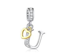 LSxAB Sparkling U Letter Charm for Pandora Charms Bracelets Gold Heart Silver Alphabet Initial Dangle Bead Jewellery Gift for Women