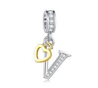 LSxAB Sparkling V Letter Charm for Pandora Charms Bracelets Gold Heart Silver Alphabet Initial Dangle Bead Jewellery Gift for Women